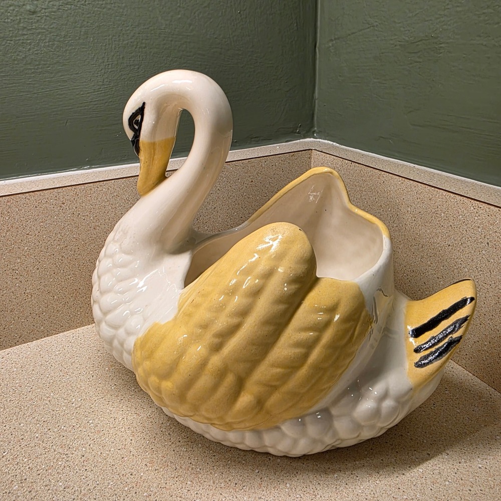 Vintage Ceramic Swan Planter 7.5" Yellow White Hand Painted Ceramic 1975